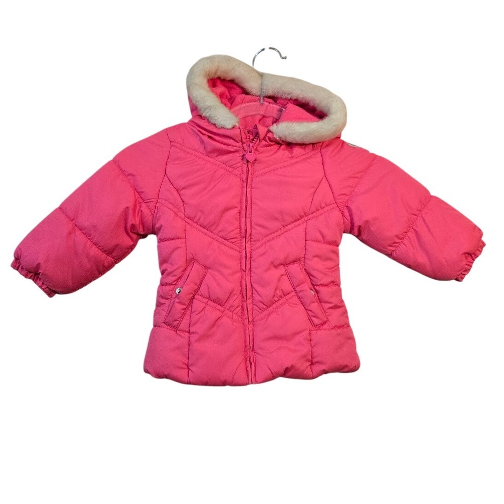 OshKosh‎ B'gosh Girls Pink Puffer Jacket Faux Fur Hood Fleece Lined 18M